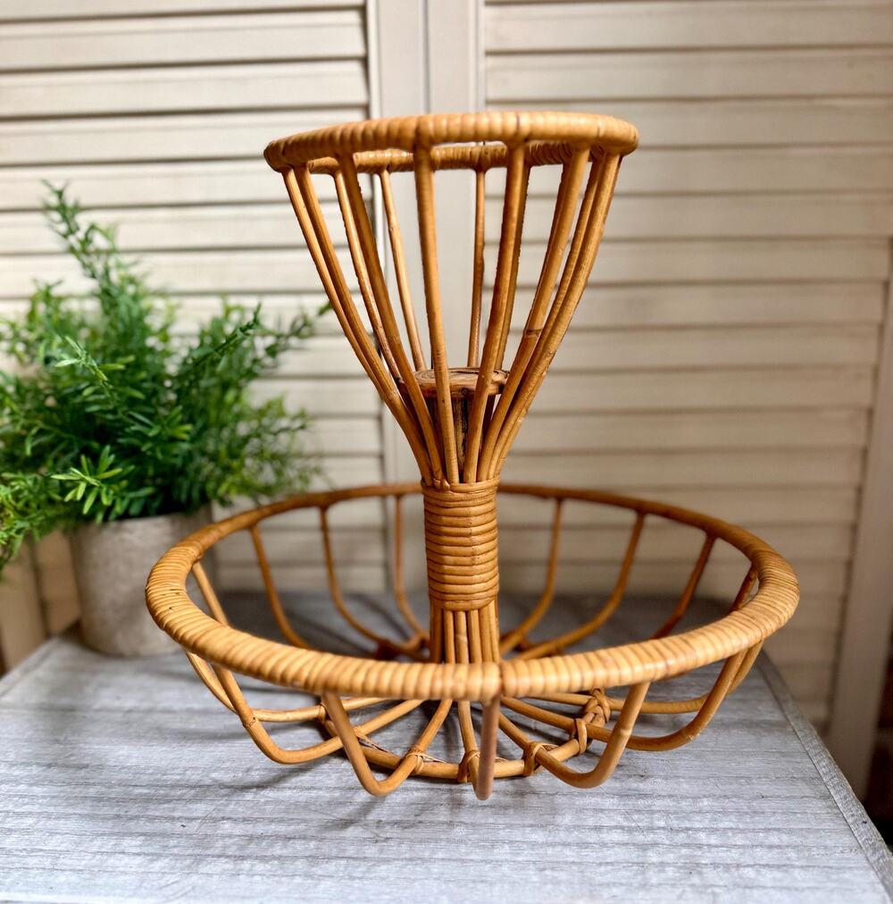 Vintage Rattan Pedestal Fruit Bowl | Boho Wicker Centerpiece Basket